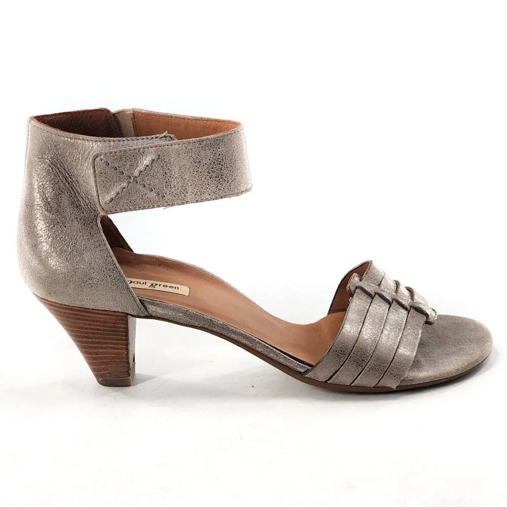 PAUL GREEN Coco Silver Metallic‎ Leather Ankle Strap Sandals